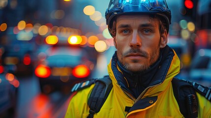 Police Officer Standing on Duty in City at Night
