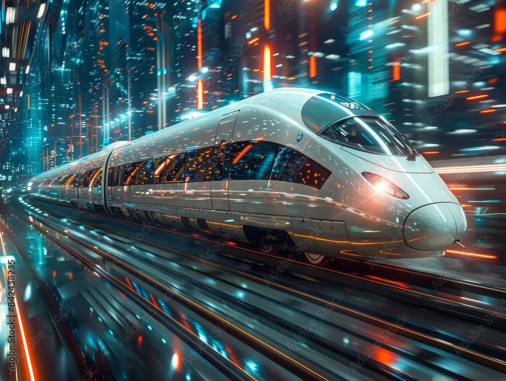 Wall mural a dynamic illustration of a high-speed maglev train gliding through a technologically advanced city.