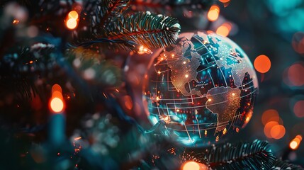 A glowing globe ornament hangs on a Christmas tree, symbolizing global connection and holiday spirit.