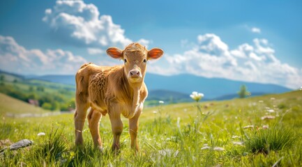 Adorable brown calf standing in a grassy meadow against the backdrop of mountains.