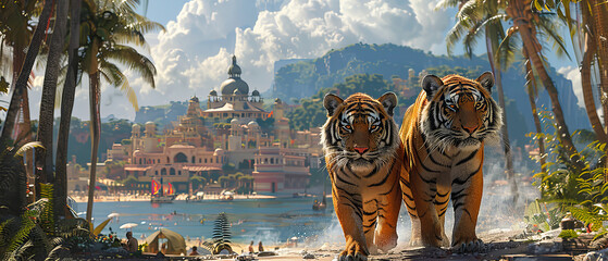 Tigers exploring the streets of a picturesque coastal town