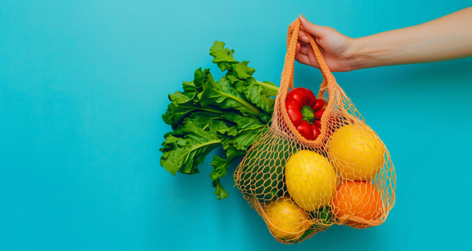 A hand holding an orange net bag with vegetables and fruits on a blue background.