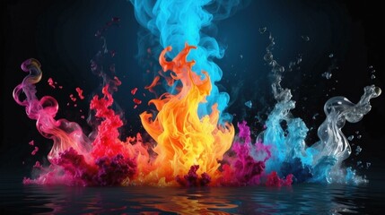 Multicolored flames rising from the water surface. AI.