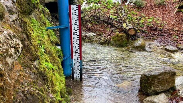 Forest stream water level measurement. River scale and stream gauge meter stick. Monitoring water in a mountain river.