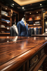 An elegant, polished wood fitting table in the foreground with a blurred background of a luxury tailor shop. The background features high-end fabrics, mannequins dressed in bespoke suits.