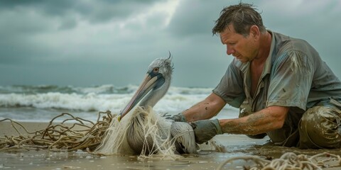 A man carefully removes a fishing net from an entangled pelican's beak. AI.