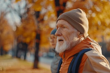 Portrait of a thoughtful senior man with a beard wearing a brown beanie and an orange jacket standing in a park with a blurred background of autumn trees. AI.