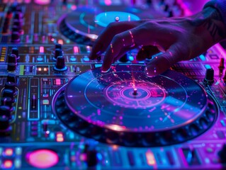 A DJ's hand is shown using a turntable. AI.