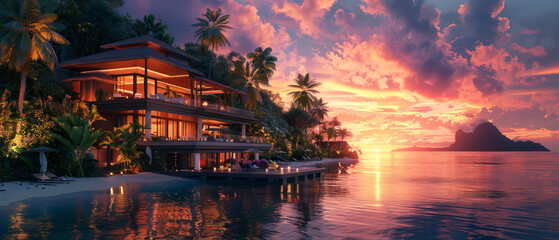 Obraz premium Tropical residence exterior at sunset with warm lighting and lush surroundings, octane , ,