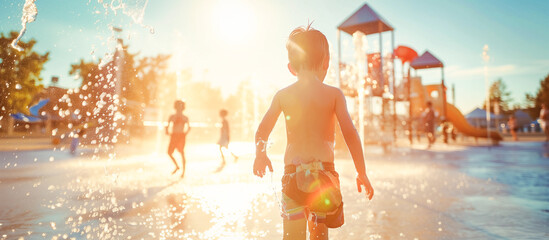 summer water activity kids playing on splash pad playground city park