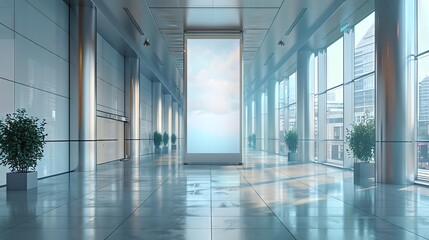 Modern office hallway with large windows and sleek design.