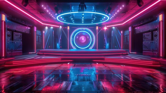 Modern tv game show studio set glowing with neon lights and futuristic design