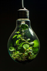 The concept of green energy, ecology, environmental protection. A glass light bulb with plants inside. Green plants, leaves. The image of the lamp is isolated on a black background.