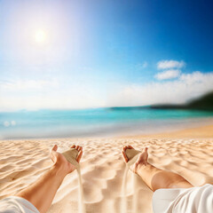 A person's legs and feet on a sandy beach, with a bright blue sky and ocean in the background