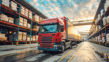 Naklejka premium Red truck on asphalt road in warehouse with sky and cloud above