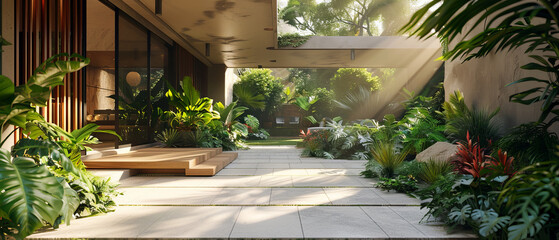 Tropical residence with a modern exterior and tropical landscaping, octane render, 32k, UHD