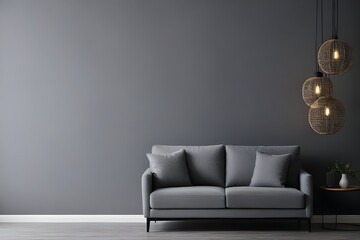 Modern living room interior, gray sofa on dark empty wall