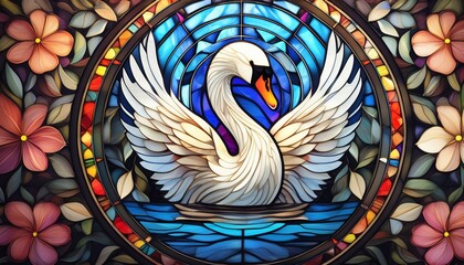 水に浮かぶ白鳥のステンドグラス風イラスト