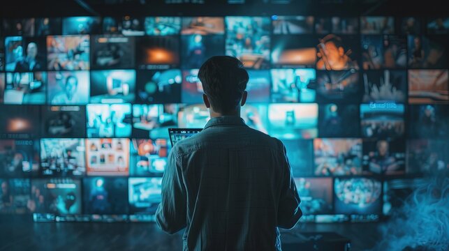 media library concept. man using virtual video gallery