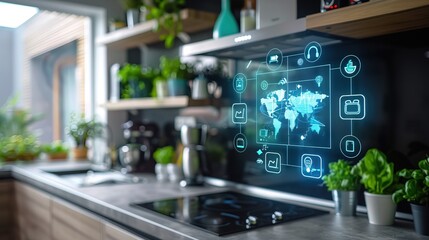 Kitchen with compliance icon on virtual screen