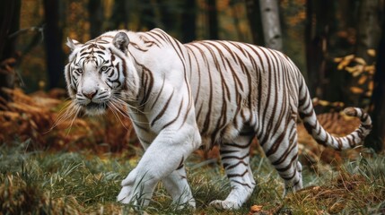 Naklejka premium A majestic white tiger resting in a forest. Beautiful close white tiger in forest