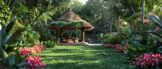 Tropical residence with a thatched roof gazebo and vibrant landscaping, octane render, 32k, UHD