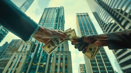 With skyscrapers in the background, the hands of two business men hold dollars