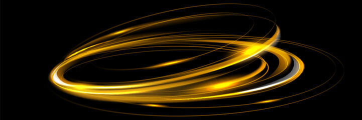 White shiny sparks spiral wave. A curved bright line of speed is spinning. Shiny wavy path. Rotating dynamic neon circle. Magical golden swirl with highlights.