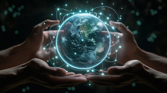 Hands of two people holding Global world telecommunication network connected around planet Earth for internet and worldwide communication technology about finance