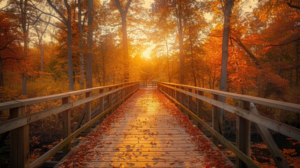 With autumn's sun setting, golden light filters, illuminating the bridge, tempting exploration of nature's wonders