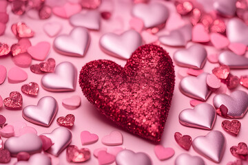 Obraz premium Playful and celebratory, this image features a collection of pink and white hearts in various shapes and sizes. The hearts are scattered across a red background, creating a vibrant and eye-catching .