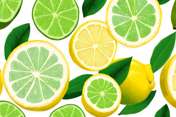 Obraz premium A seamless pattern of lemons, oranges, blueberries, and mint leaves on a green background. The fruits and leaves are scattered randomly across the background. 