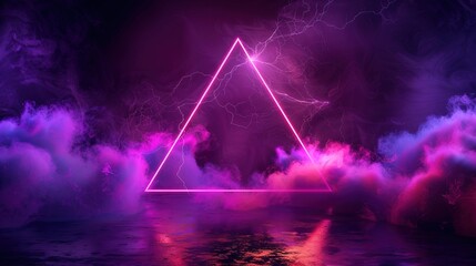 Decorative frame with neon violet toxic smoke and lightning discharges isolated on transparent background. Illustration of a triangle glowing in the dark