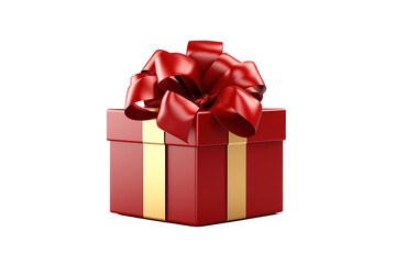Fototapeta premium Red gift box with satin bow and gold ribbon, festive present icon, holiday birthday surprise packaging PNG isolated on Transparent Background