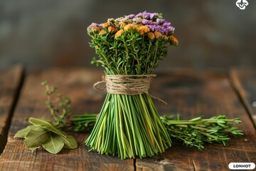 Bouquet Garni A bouquet garni of fresh herbs including thyme, rosemary, and bay leaves, tied together with kitchen twine. Displayed on a rustic wooden table. 