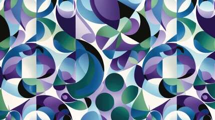 Abstract geometric patterns with triangular shapes and classic curved designs in blue purple white and green hues for wallpaper covers and wrapping paper