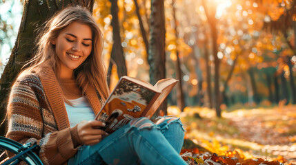Young woman reading a book leaning against a tree in a forest on an autumn day