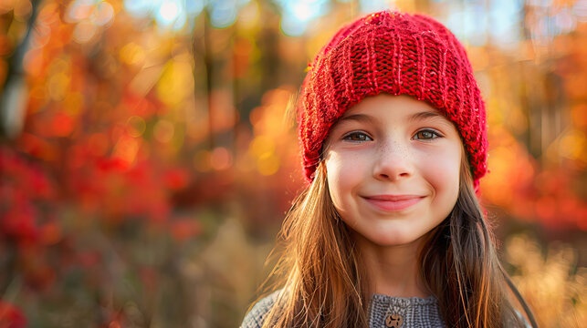 Close-up of the face of a girl with red woolen hat in a forest in autumn
