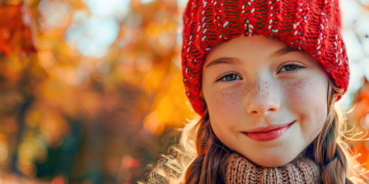 Close-up of the face of a girl with red woolen hat in a forest in autumn