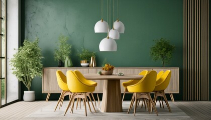 Interior design of modern dining room, wooden table and yellow chairs against green wall with sideboard, 3d rendering