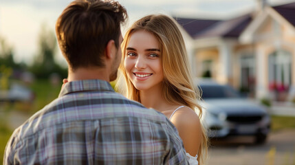 Obraz premium rear view of young couple looking at their new house.