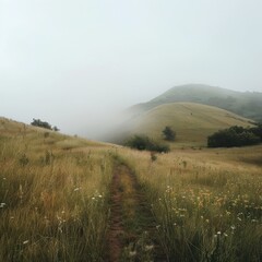 Obraz premium a foggy misty trail in a grassy field with hill landscape 
