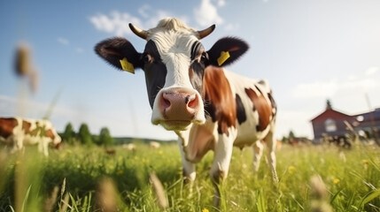Fototapeta premium Dairy cow in the green meadow, Use natural light in the morning, wild shot.