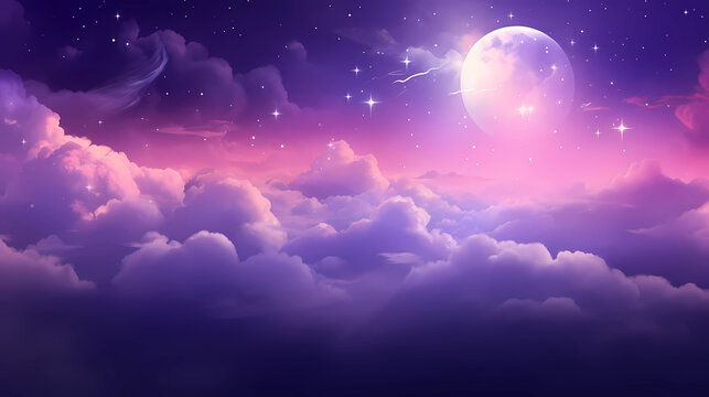 Purple gradient mystical moonlight sky with clouds and stars phone background wallpaper