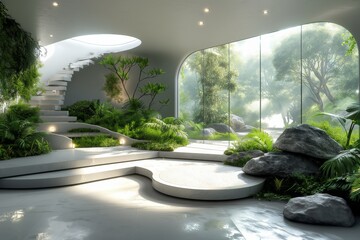 beautiful futuristic interior organic forms with plants green nature