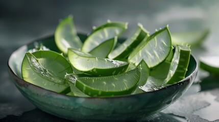 Obraz premium Bowl of sliced aloe vera plant leaves with transparent gel