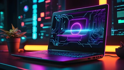 Futuristic illustration about computer technology with a laptop in neon colors. For cover backgrounds, wallpapers and other modern projects.