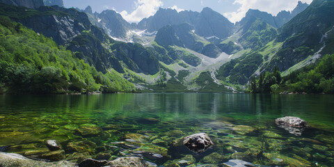 Clear mountain lake with rocky shoreline and green hills