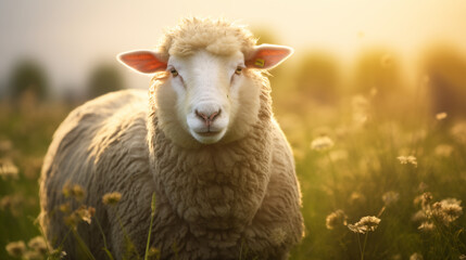 Portrait of sheep in green field on background.