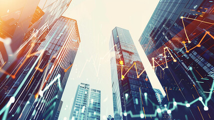 A stock market graph and skyscrapers in double exposure, representing business growth or financial success.
